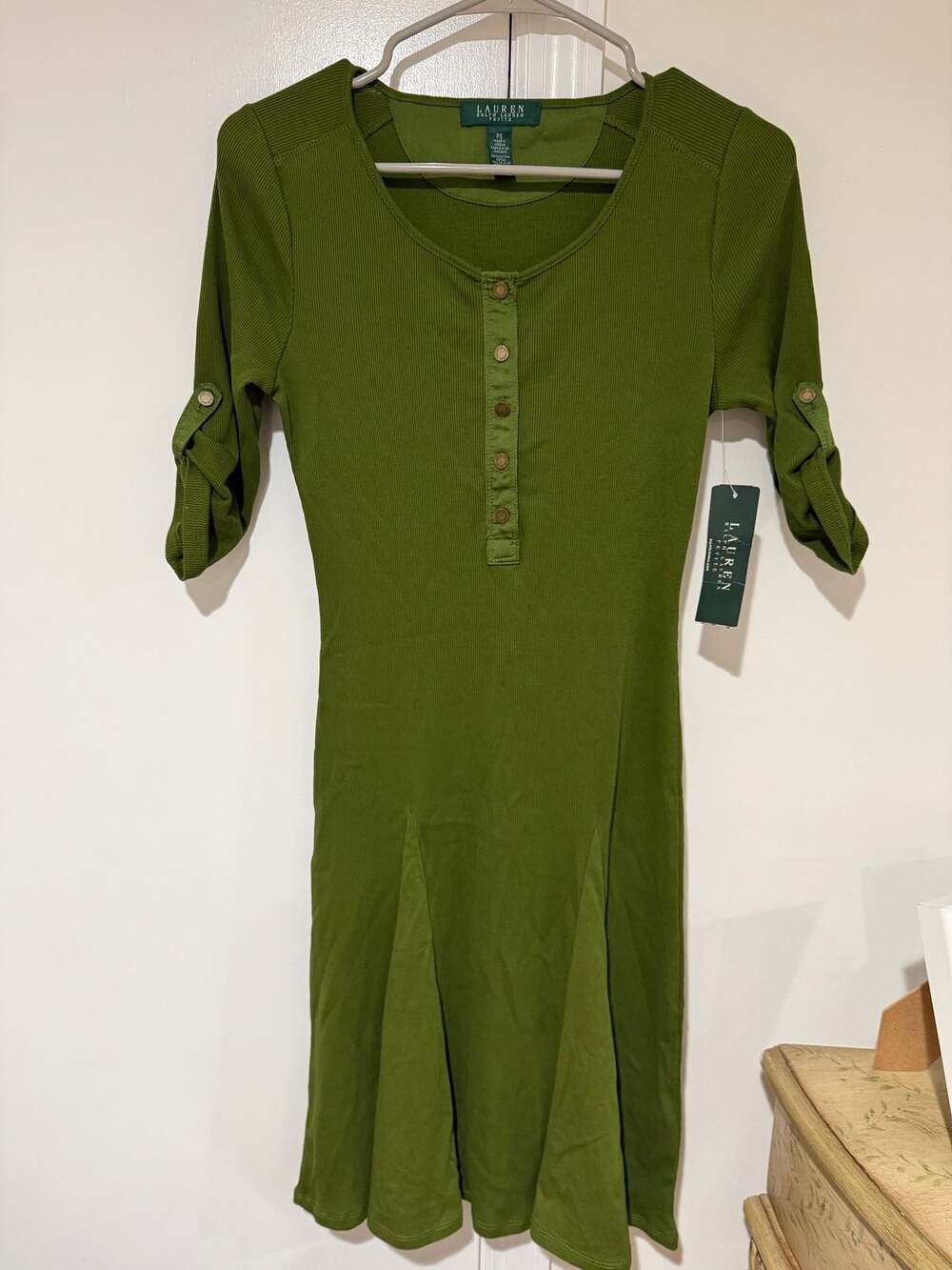 Lauren Ralph Lauren Petite Olive Green Ribbed Roll-Tab Sleeve Henley Dress